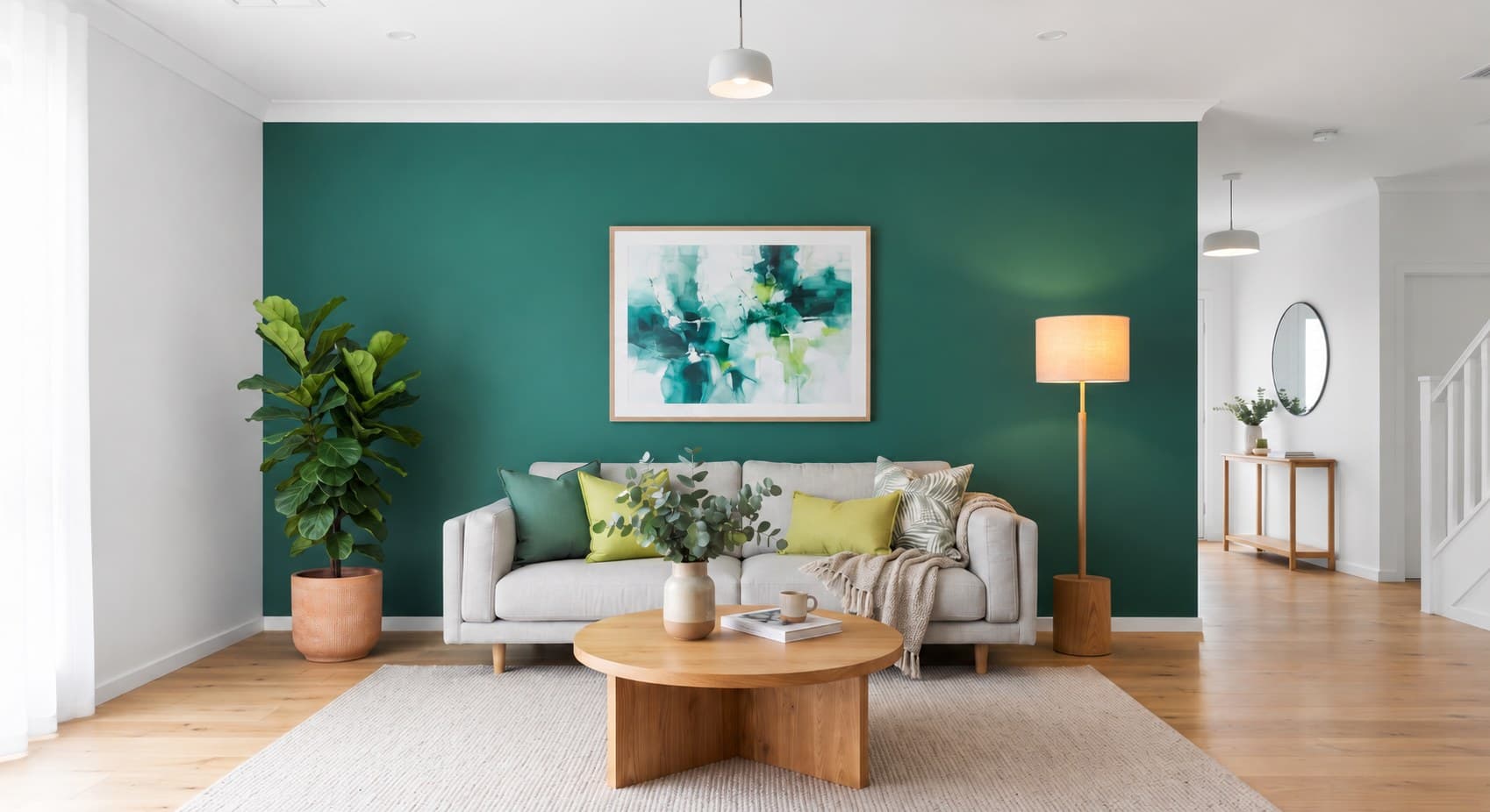 Freshwalls freshly painted living room with teal-green feature wall