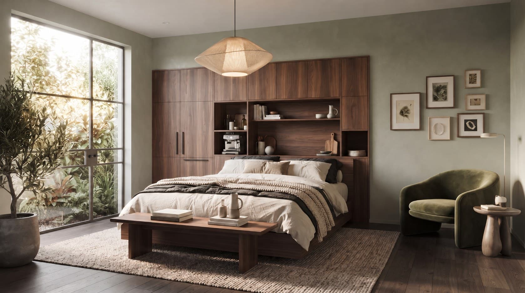 Freshwalls master bedroom with sage-green walls and walnut cabinetry