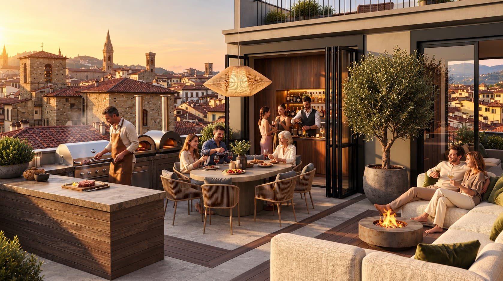 Freshwalls rooftop terrace and outdoor entertaining area at sunset